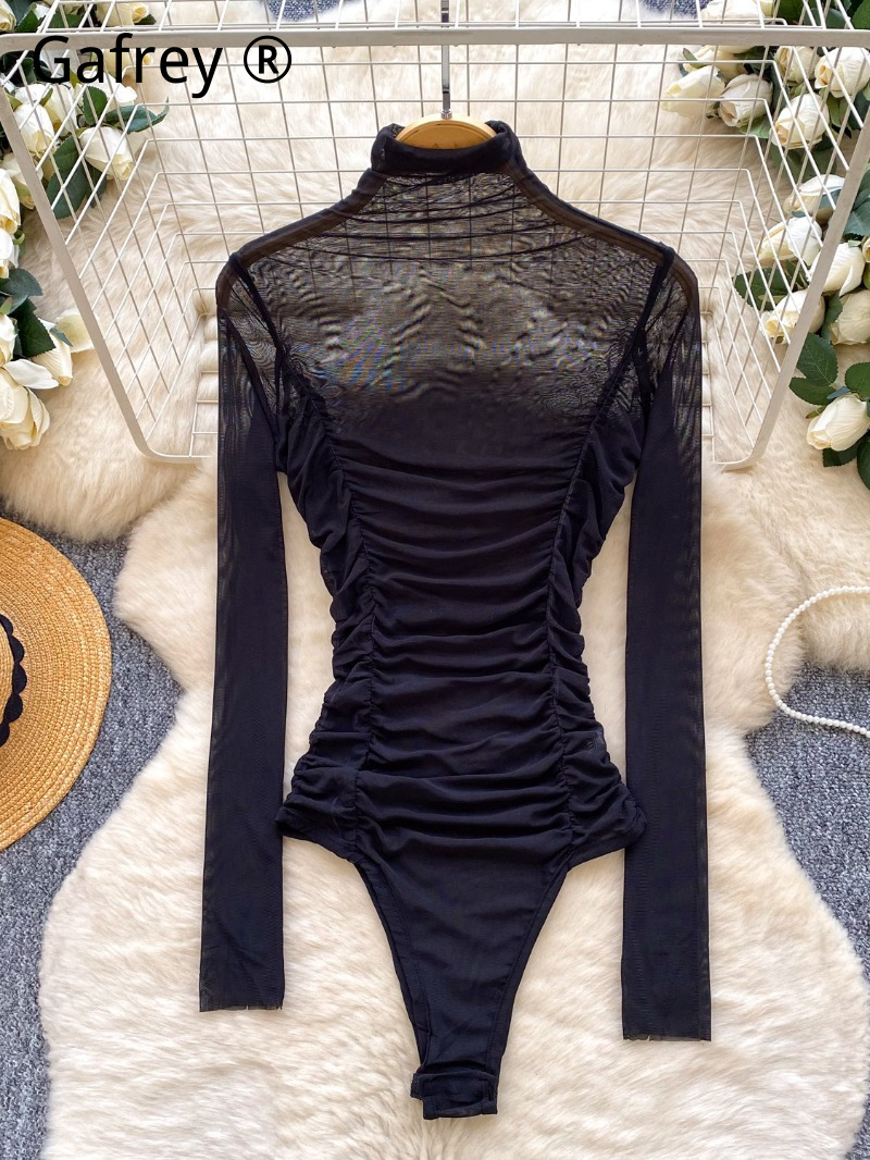 Turtleneck Bodysuit Office - Sexy Grey Mesh Ruched Bodysuit Women