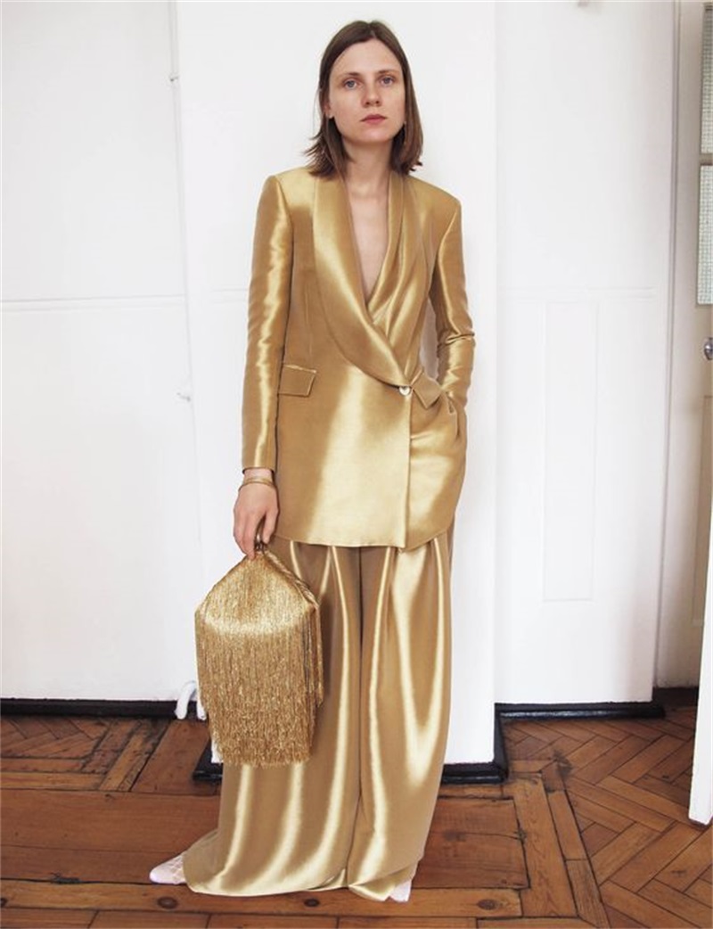 Women'S Formal Wear Tuxedo - Gold Silk Satin Women Suits Office