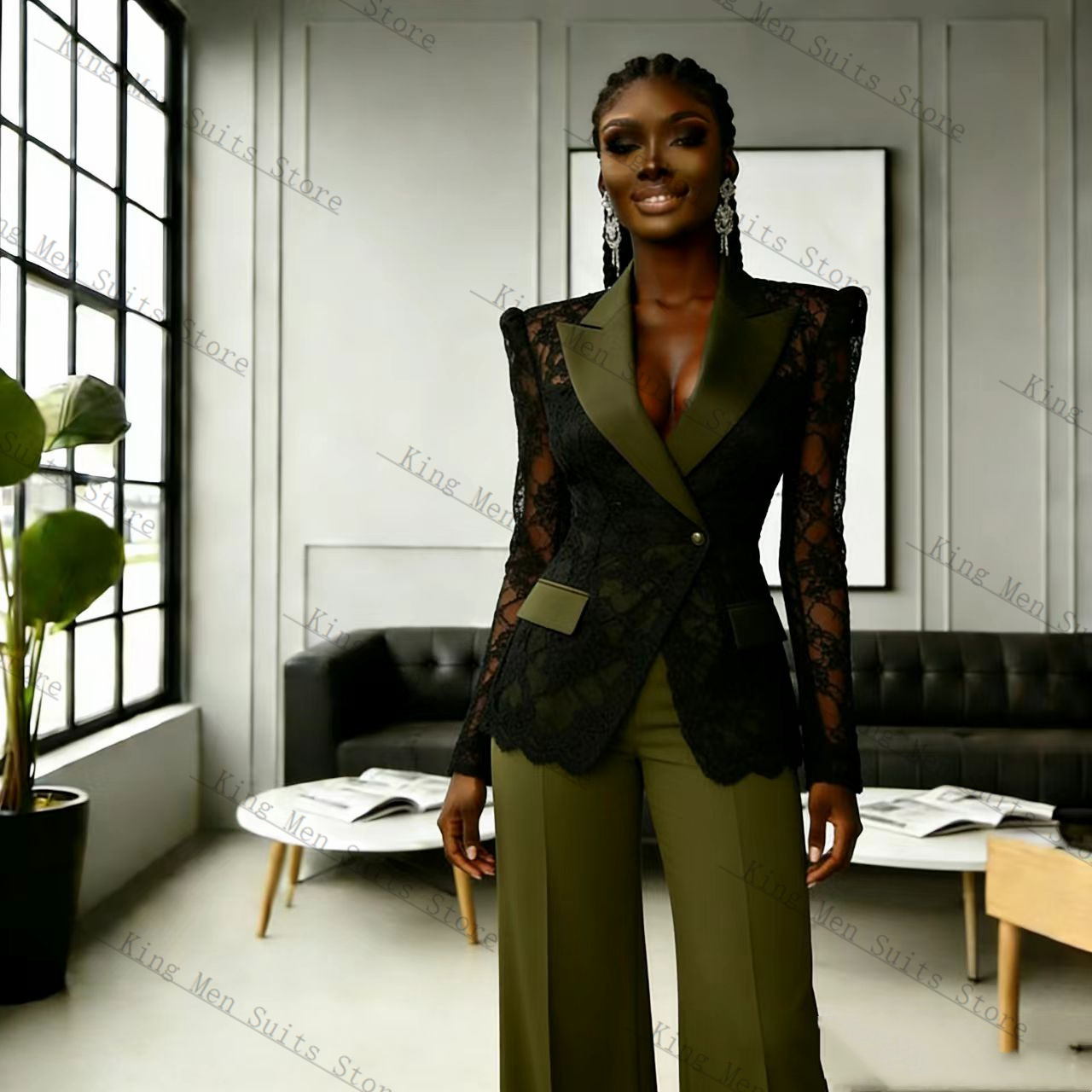 Women'S Formal Wear Tuxedo - Green Black Lace Women Suit Set