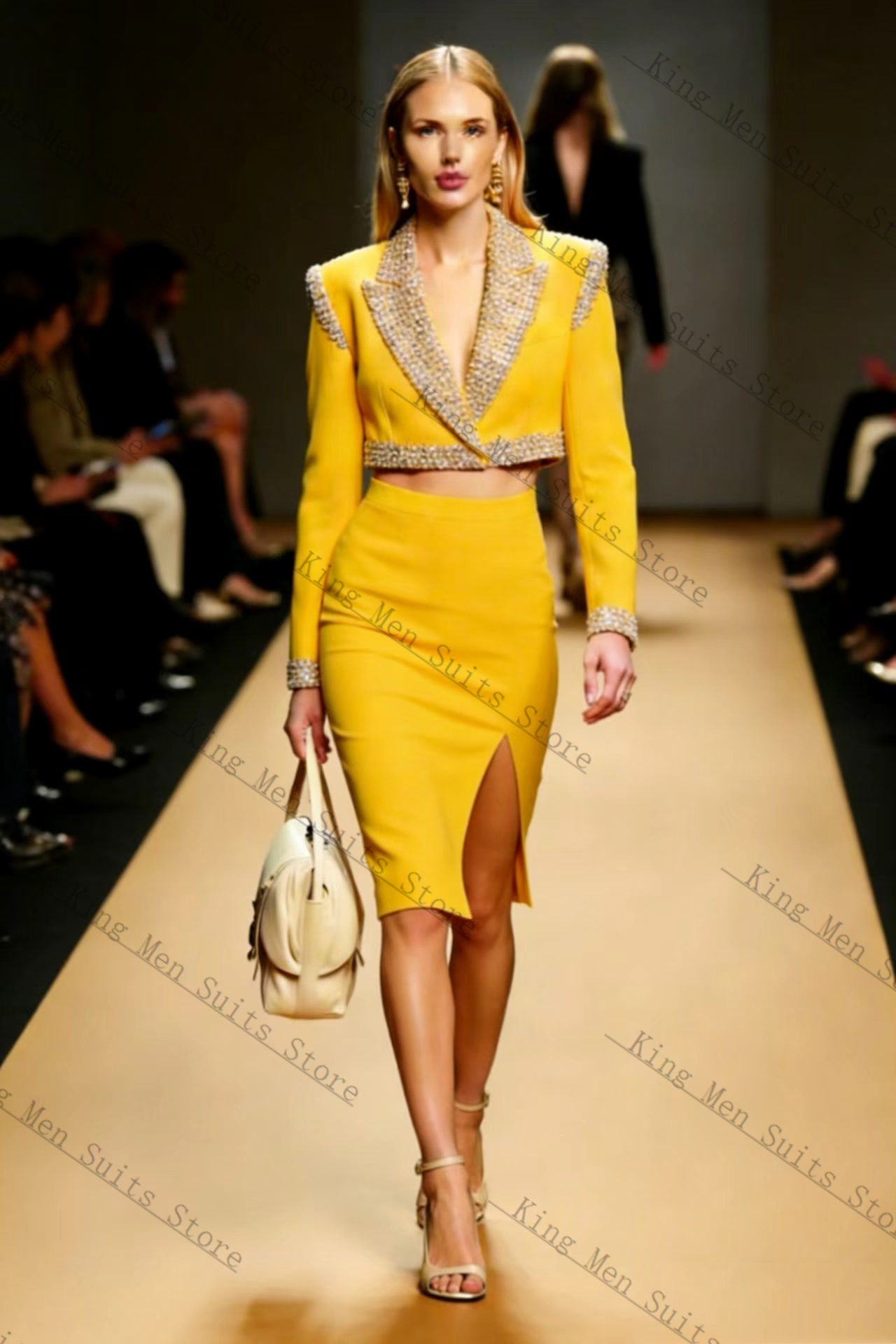 Women'S Formal Wear Tuxedo - Yellow Crystals Women Suit Skirt Set