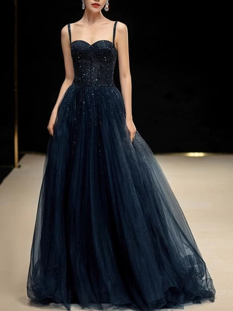 Women Formal Wear For Graduation - Elegant Princess Navy Blue Sequin Spaghetti