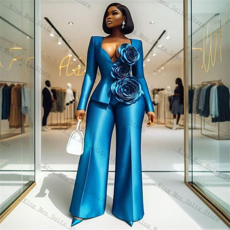 Women'S Formal Wear Tuxedo - Blue Satin Women Suit Set 2