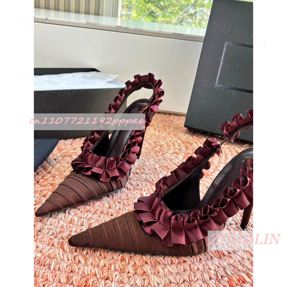Slingback Heel Formal - Slingback Heels Burgundy Pleated Satin Ruffle