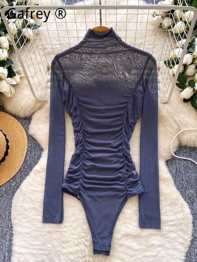 Sexy Grey Mesh Ruched Bodysuit - Turtleneck Bodysuit Office recension och pris