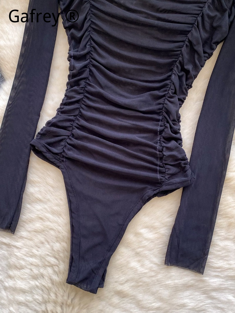 Sexy Grey Mesh Ruched Bodysuit - Turtleneck Bodysuit Office recension och pris